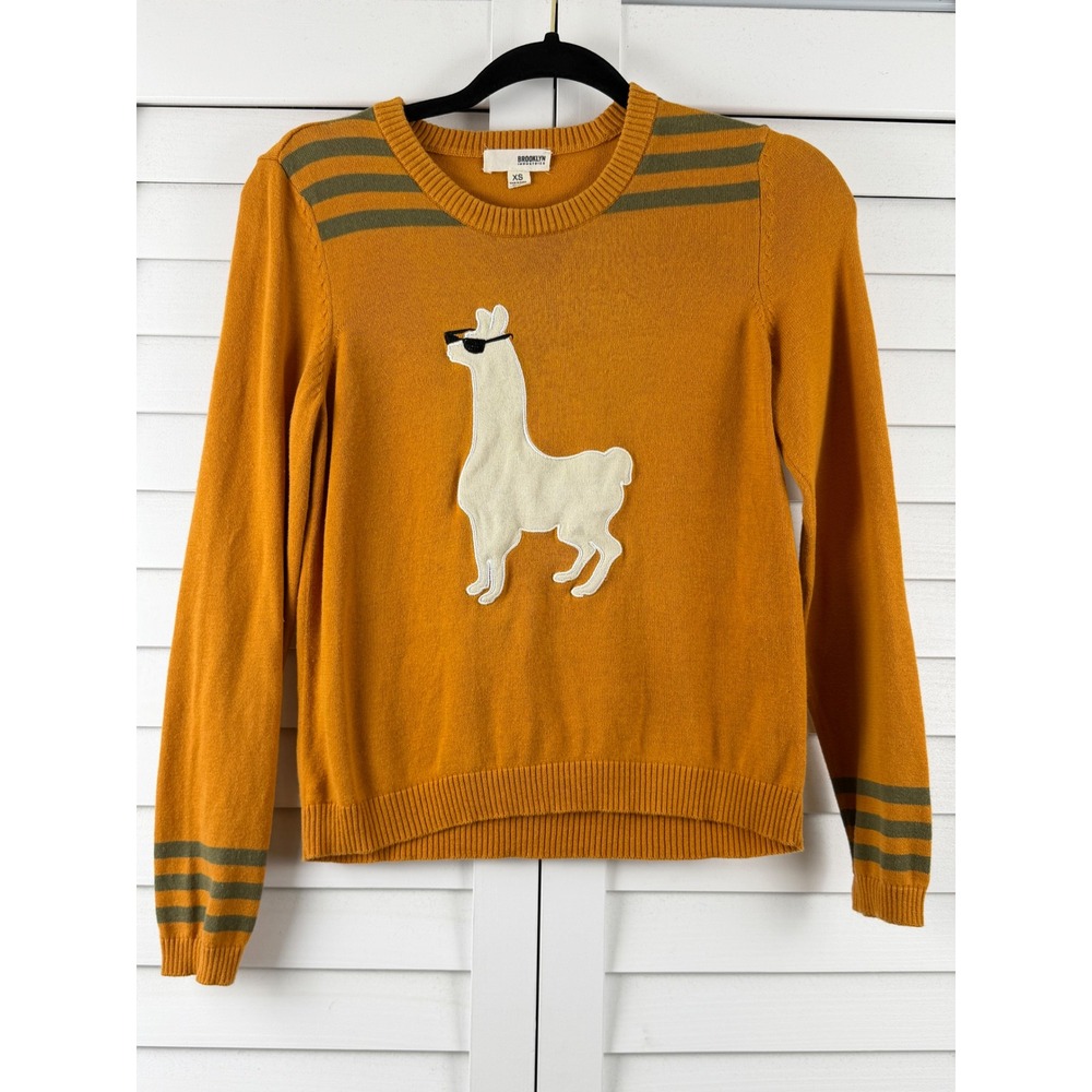 Brooklyn Industries Llama Graphic Sweater Women XS Orange Mustard Striped Cotton